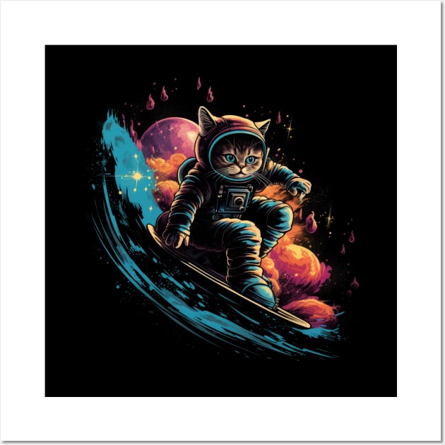 Cosmic Cat Surfer Wall Art by NakedMonkey